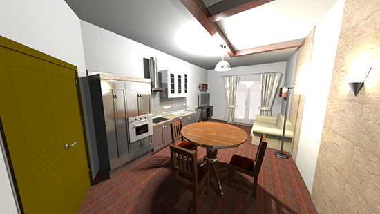 Интерьерная визуализация гостинной комнаты совмещенной с кухней.