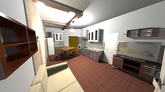 Интерьерная визуализация гостинной комнаты совмещенной с кухней.